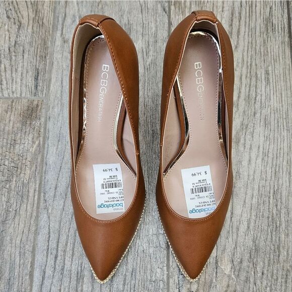 BCBG Harlia Congac Heels with Gold Tone Chain Trim - Picture 4 of 16